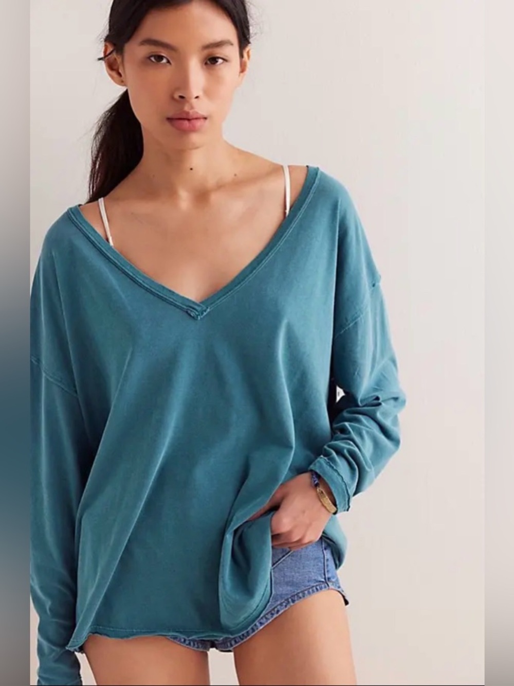 New We the Free by Free People Nina V-Neck Long Sleeve Top ~ Teal
